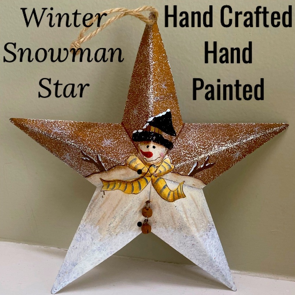 Hand Painted Snowman Large Star Christmas Ornament Tree Topper Crafted Metal Art